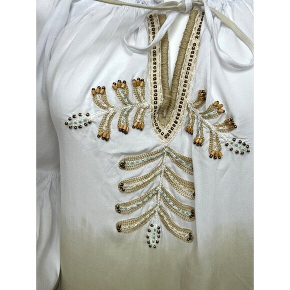 Boheme Skemo Daydream Mini Dress S White Yellow Green Embroidered Beads Tassels - Picture 8 of 16
